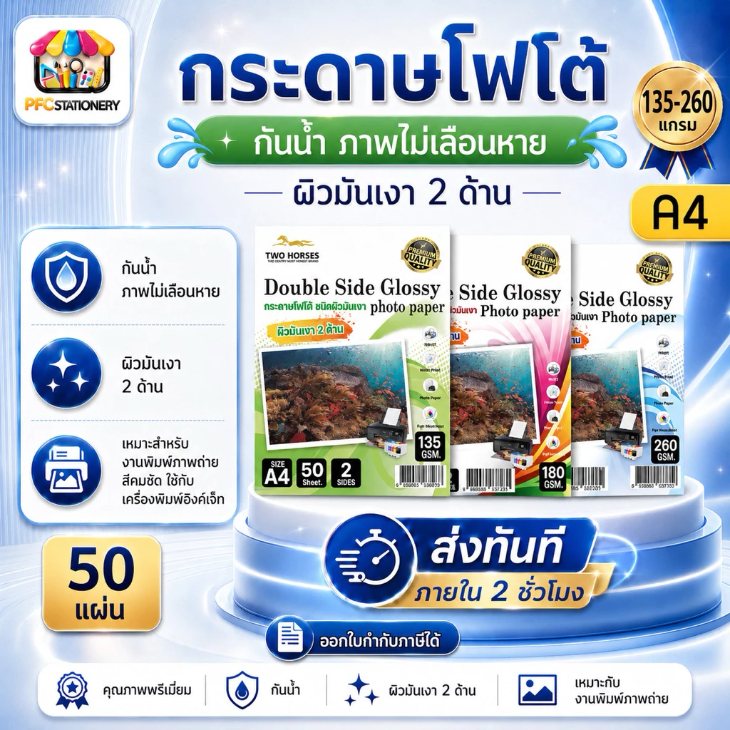 [ส่งทันที] กระดาษโฟโต้ ผิวมันเงา2ด้าน หนา 135-260g ขนาด A4 บรรจุ 50 แผ่น สำหรับเครื่องปริ้นอิงค์เจ็ท