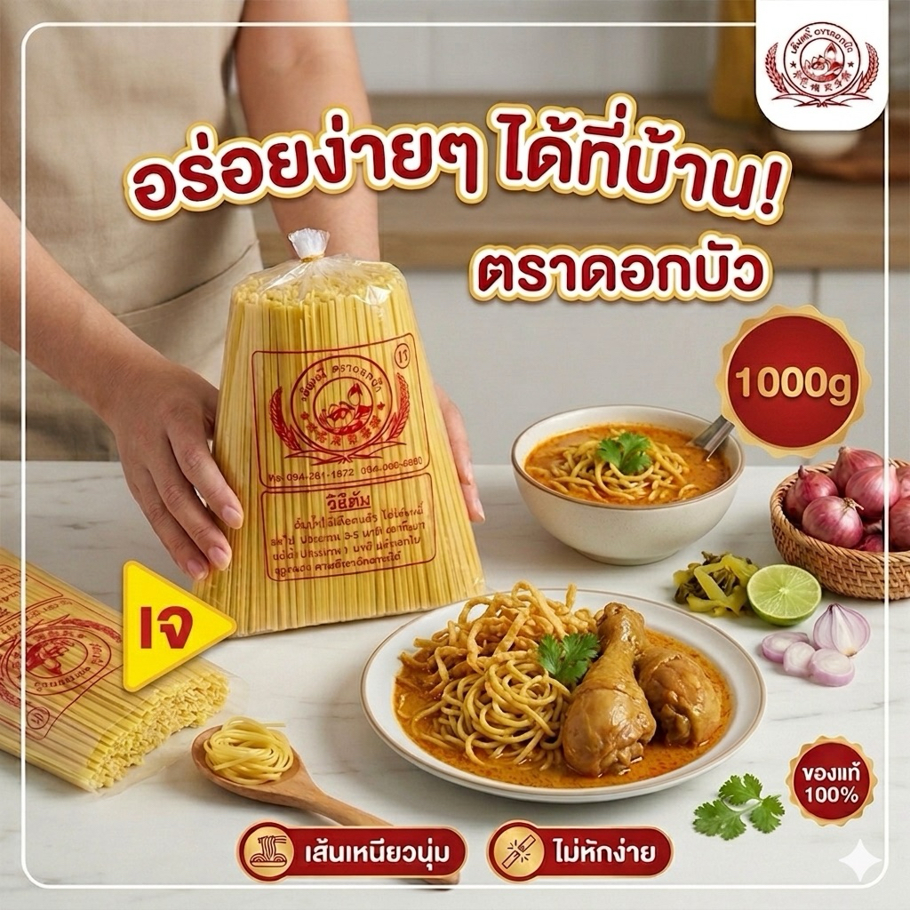 เส้นบะหมี่เหลืองแห้ง ข้าวซอย ตราดอกบัว [1 กิโลกรัม]