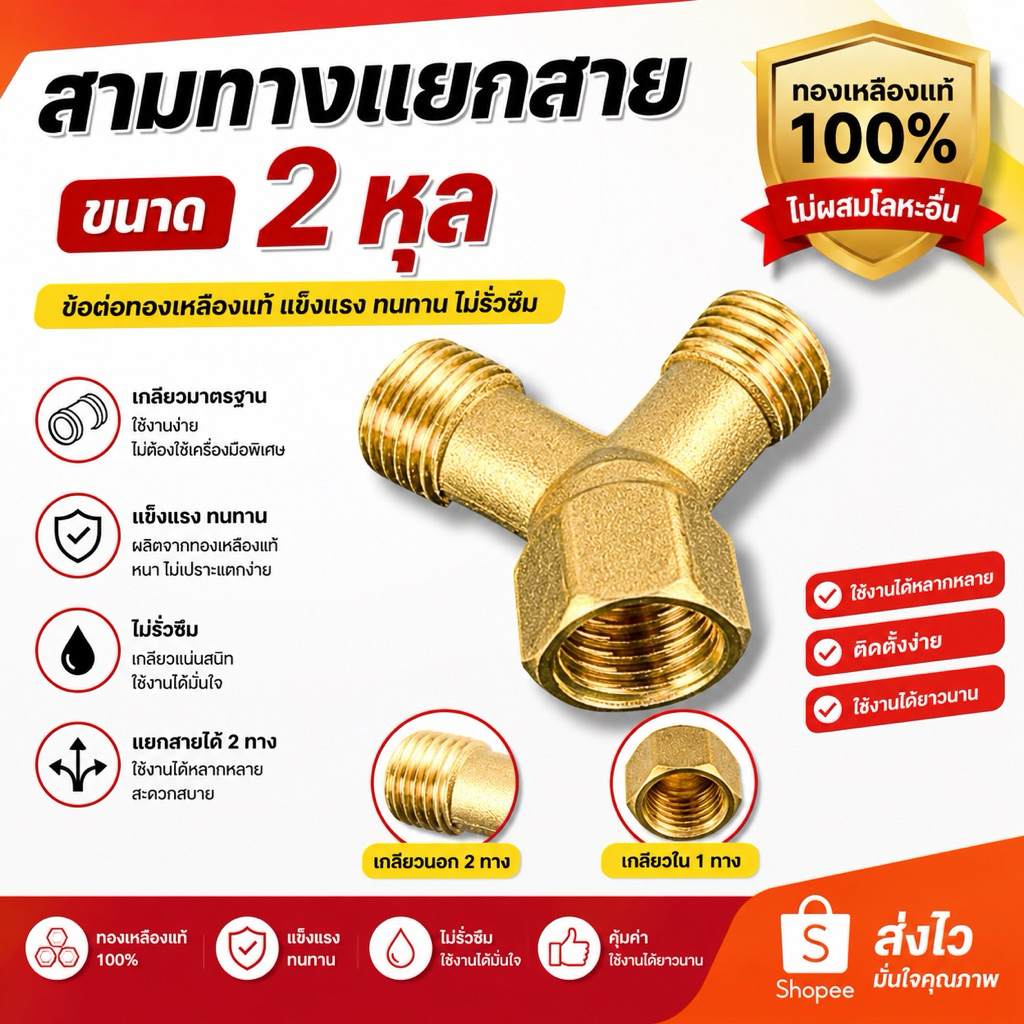 (งานเกษตร)ข้อต่อสามทางแยกสายพ่นยา ตัววาย ทองเหลืองแท้ ขนาด1/4” (2หุน)