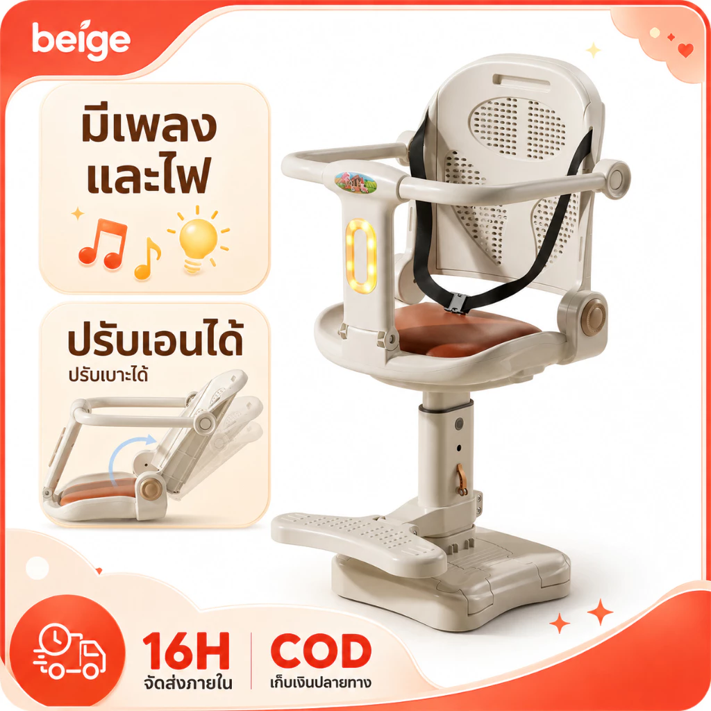 Beige เบาะที่นั่งเด็ก แจกเข็มขัดนิรภัยฟรี เพิ่มความหนาและเบาะนุ่มสบาย เหมาะสําหรับเด็กอายุ 1-6 ปี