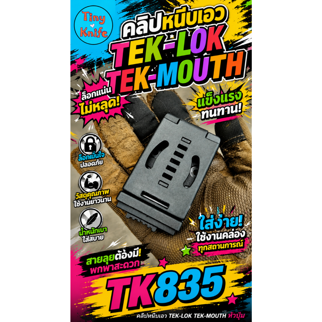 คลิปหนีบเอว TEK-LOK TK835 TEKLOK หัวปุ่มกด จากแบรนด์ Tiny Knife เป็นอุปกรณ์สำหรับยึดติดซองมีด ซองไฟฉาย หรืออุปกรณ์