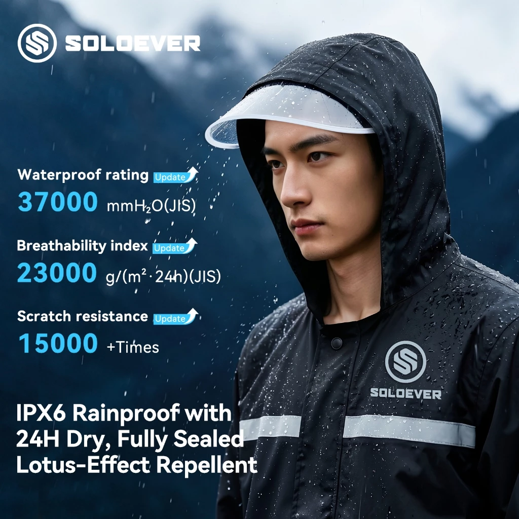​SOLOEVER เสื้อกันฝน 2ชิ้น กันน้ำ100% ฮู้ดปรับได้ เหมาะสำหรับขี่ ผู้ชาย ผู้หญิง สวมใส่สบาย ราคาพิเศษ thumbnail 5