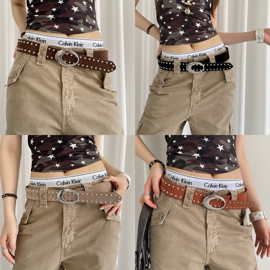 🌷MORA - Rivet belt (เอว27-35 นิ้ว , ยาว 100 CM.) พร้อมส่ง เข็มขัดหนังกลับ เทียม เข็มขัดแฟชั่น Y2K