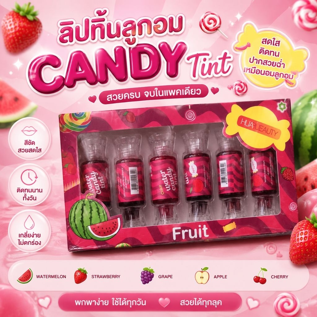 🍭 ลิปทิ้นลูกอมสุดคิ้วท์  6 แท่ง 6สี 🍓✨