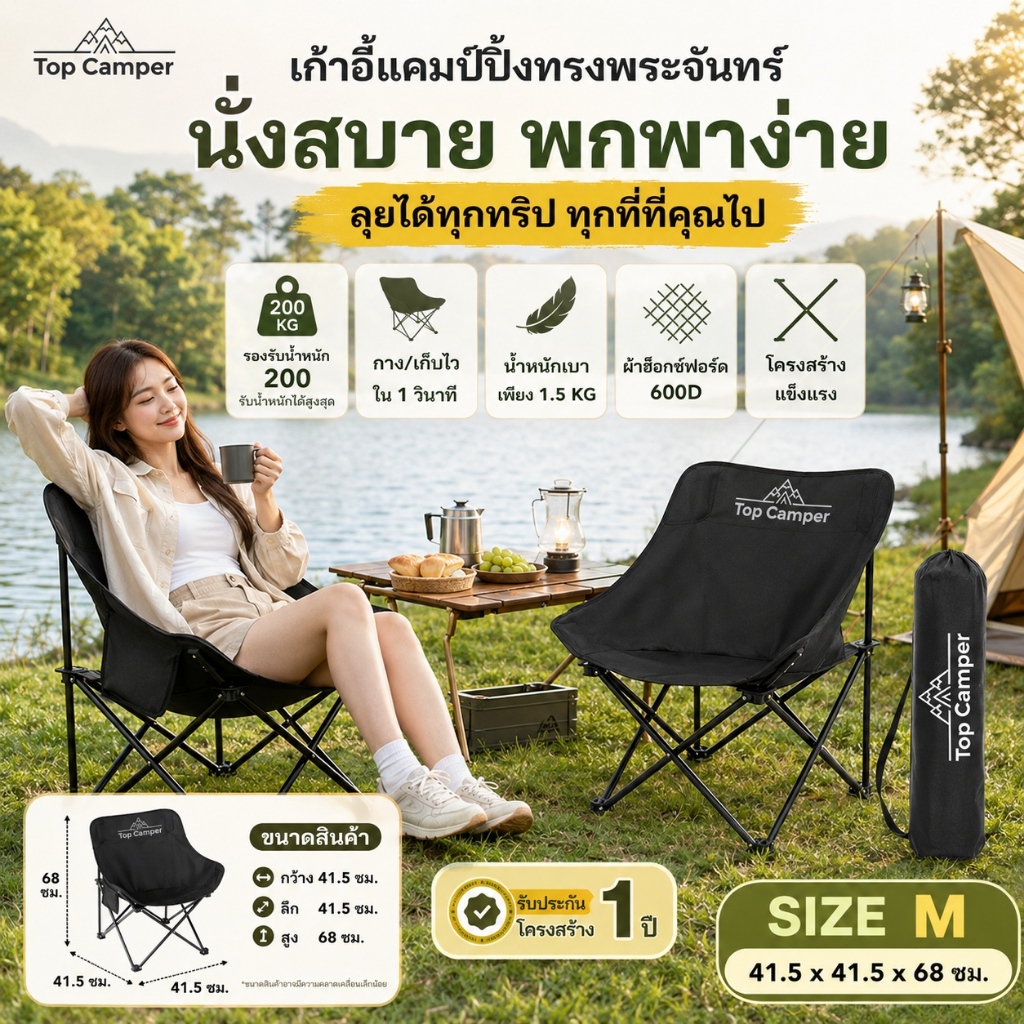 2026 Topcamper เก้าอี้แคมป์ปิ้ง เก้าอี้สนามพับได้ แบบพกพา ท่ออลูมิเนียมหนา แถมถุงเก็บ รับน้ำหนัก 300KG