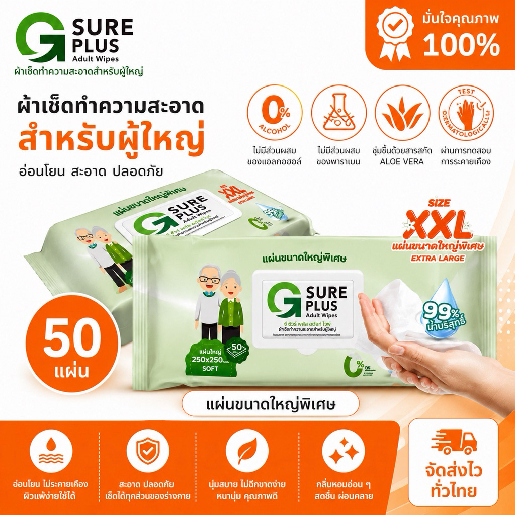 ผ้าเปียกผู้ใหญ่ Sure Plus XXL 50 แผ่น แผ่นใหญ่พิเศษ 250x250mm ไม่มีแอลกอฮอล์ อ่อนโยนต่อผิว พร้อมส่ง