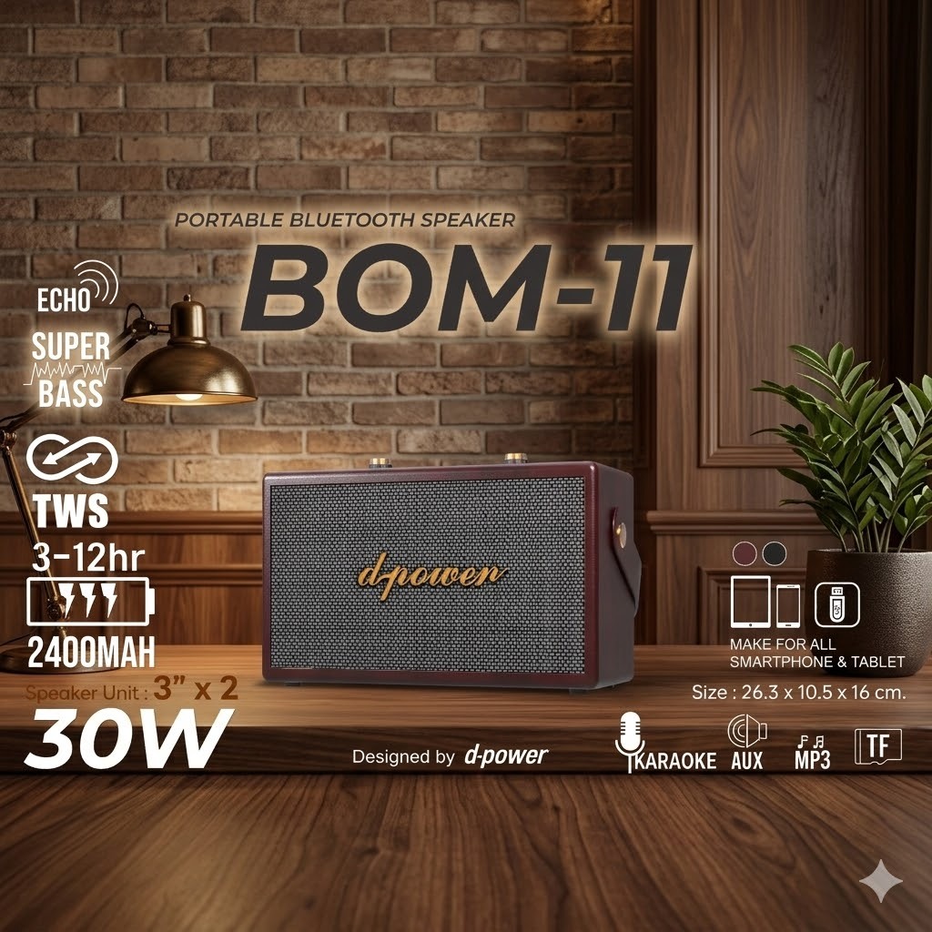 d-power ลำโพงบลูทูธสไตล์เรโทร รุ่น BOM-11 ดอกลำโพงขนาด 3"x2 ตัว ให้กำลังขับถึง 30W ปุ่มดูคลาสสิค