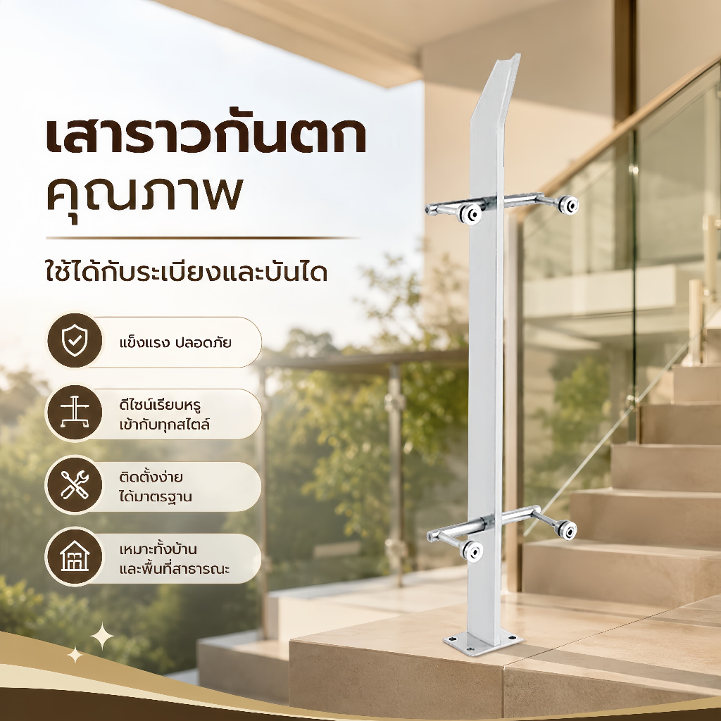 เสา สแตนเลส เสาหนีบกระจก เสาราวกันตก สำเร็จรูป งานไทย สแตนเลสเกรด304 (แถมฝาครอบเสาทุกต้น) ราคา 1 ต้น