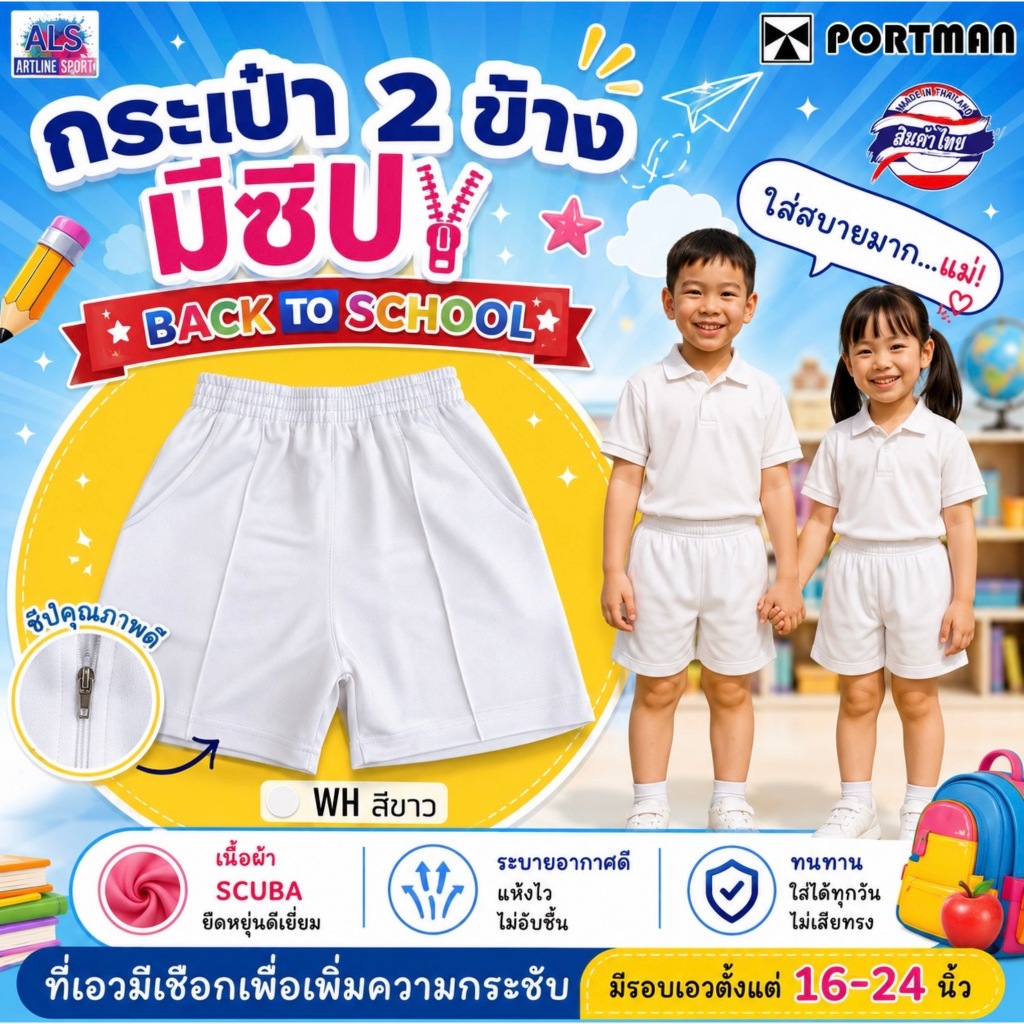 PORTMAN กางเกงวอร์มเด็กขาสั้น (กระเป๋าข้างมีซิป)แบรนด์พอร์ตแมน รุ่น WJ01 (สินค้าไทย) -วัสดุ : ผ้าวอร์มเนื้อละเอียด Scuba