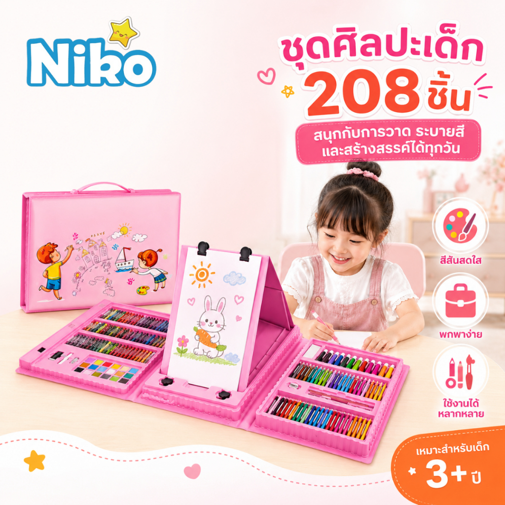 NIKO ชุดระบายสีเด็ก 208 ชิ้น กล่องอุปกรณ์ศิลปะเด็ก พร้อมกระดานวาดรูป พกพาง่าย สีสดใส เหมาะสำหรับเด็ก 3+