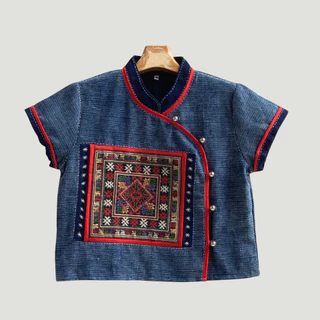 เสื้อใบปอคอจีน ผ้าฝ้ายชินมัยสโตน ป้ายกระดุมสีเงิน กุ้นแดง แต่งผ้าทอ เรียบหรู ใส่สวยทุกโอกาส ❤️✨