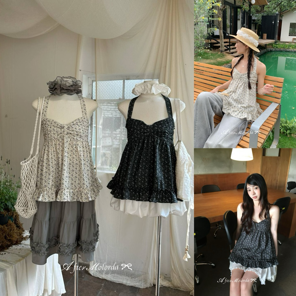 Flora Muse เสื้อสายคล้องคอลายดอกจิ๋ว ดีเทลจับจีบช่วงอกและระบายปลายเสื้อ ผ้าพลิ้วเบา ใส่แล้วให้ฟีลโรแมนติก