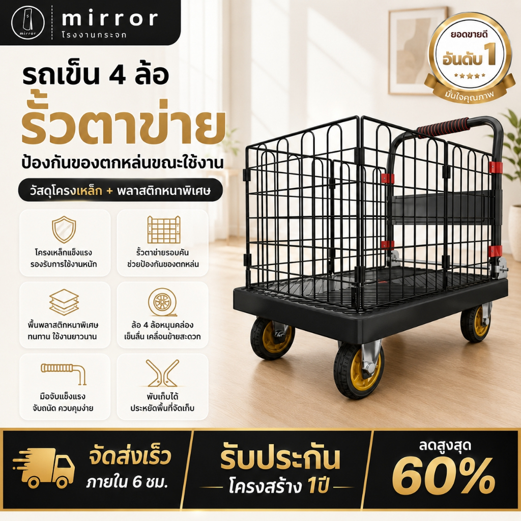 รถเข็นพับได้ 4 ล้อ รถเข็นตะกร้า รถเข็นของอเนกประสงค์ รับน้ำหนักสูง เข็นลื่น แข็งแรง