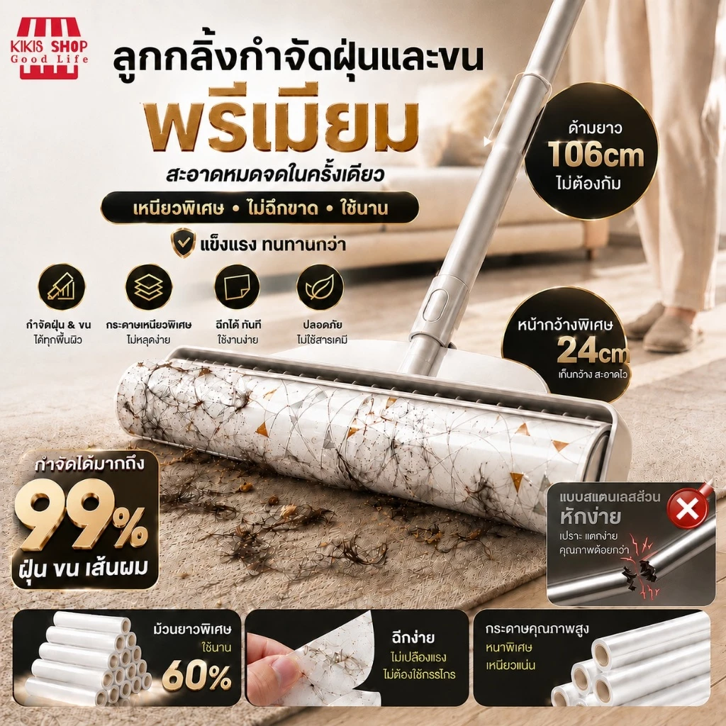 🐱🐱ลูกกลิ้งเก็บขน ขนาด24cm ที่กลิ้ง+10 ม้วนกาว ลูกกลิ้ง ลูกกลิ้งกระดาษกาว ลูกกลิ้งเก็บฝุ่น ลูกกลิ้งทําความสะอาด kikisshop thumbnail 3