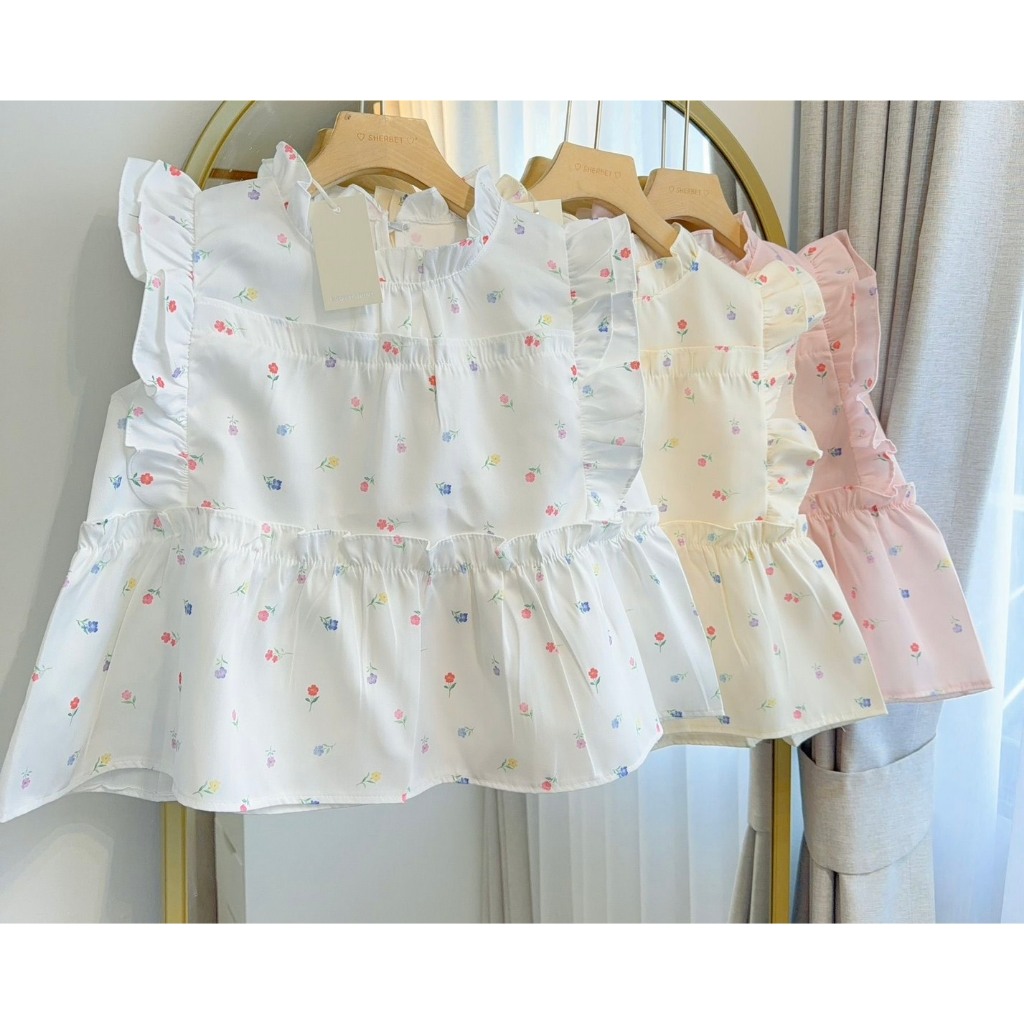 ป้าย Sherbet เสื้อแขนกุดระบาย 2 ชั้น ผ้ามิลินยีนส์ อก 40 นิ้ว ยาว 21 นิ้ว