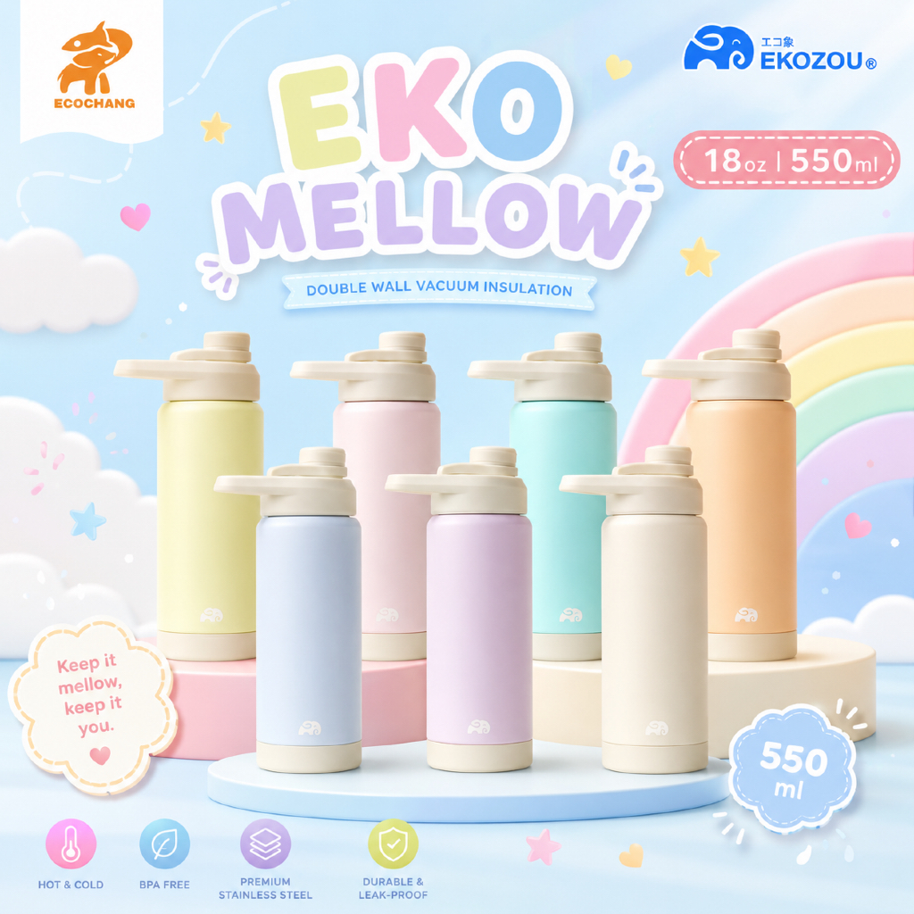 EKO MELLOW ขวดน้ำสแตนเลส 304 ขนาด 550 ml มีหลอดดูด ยกดื่มได้ ยางรองก้นแก้ว สีพาสเทลโดนใจ เก็บได้ทั้งร้อน/เย็น EKOZOU