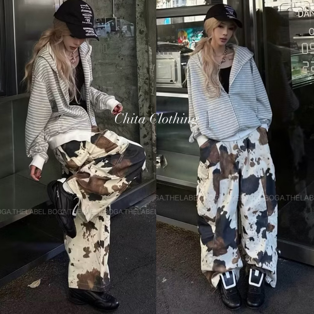 📍พร้อมส่ง📍🇰🇷FSY🇰🇷61966 Western cow printed jean กางเกงทรงหลวมใส่สบาย ให้ลุคเท่ๆ Tag FSY🇰🇷🇰🇷