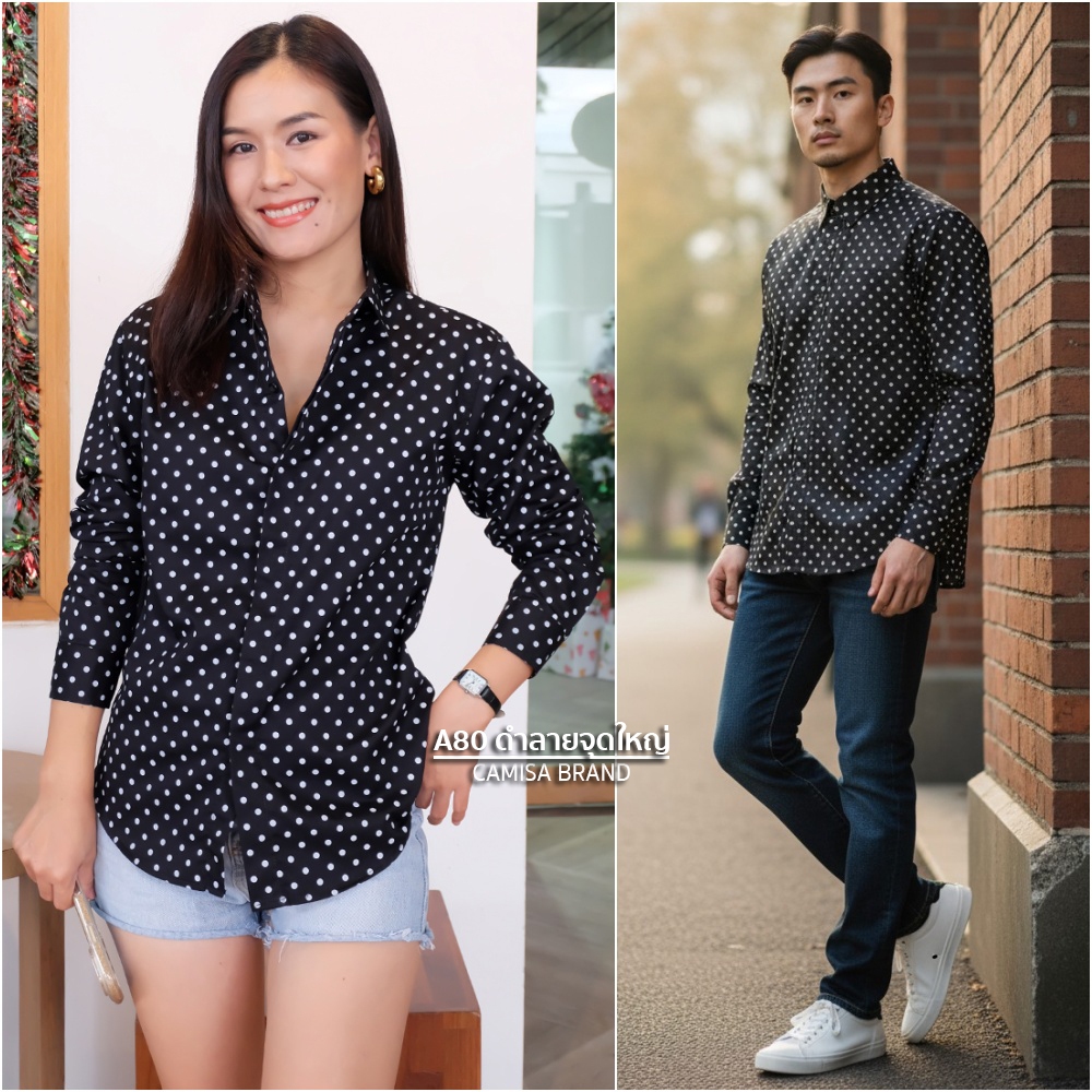 A80 ดำลายจุดใหญ่(กระดุมซ่อน)  ผ้า Cottonคุณภาพดี เสื้อทำงาน เสื้อใส่เที่ยว