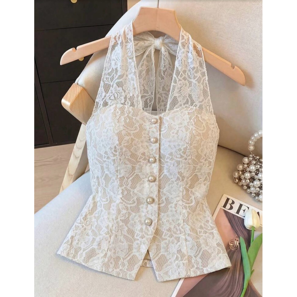 เสื้อคล้องคอลูกไม้ ผูกโบว์ ติดกระดุมมุก ที่หรูหรา🎀