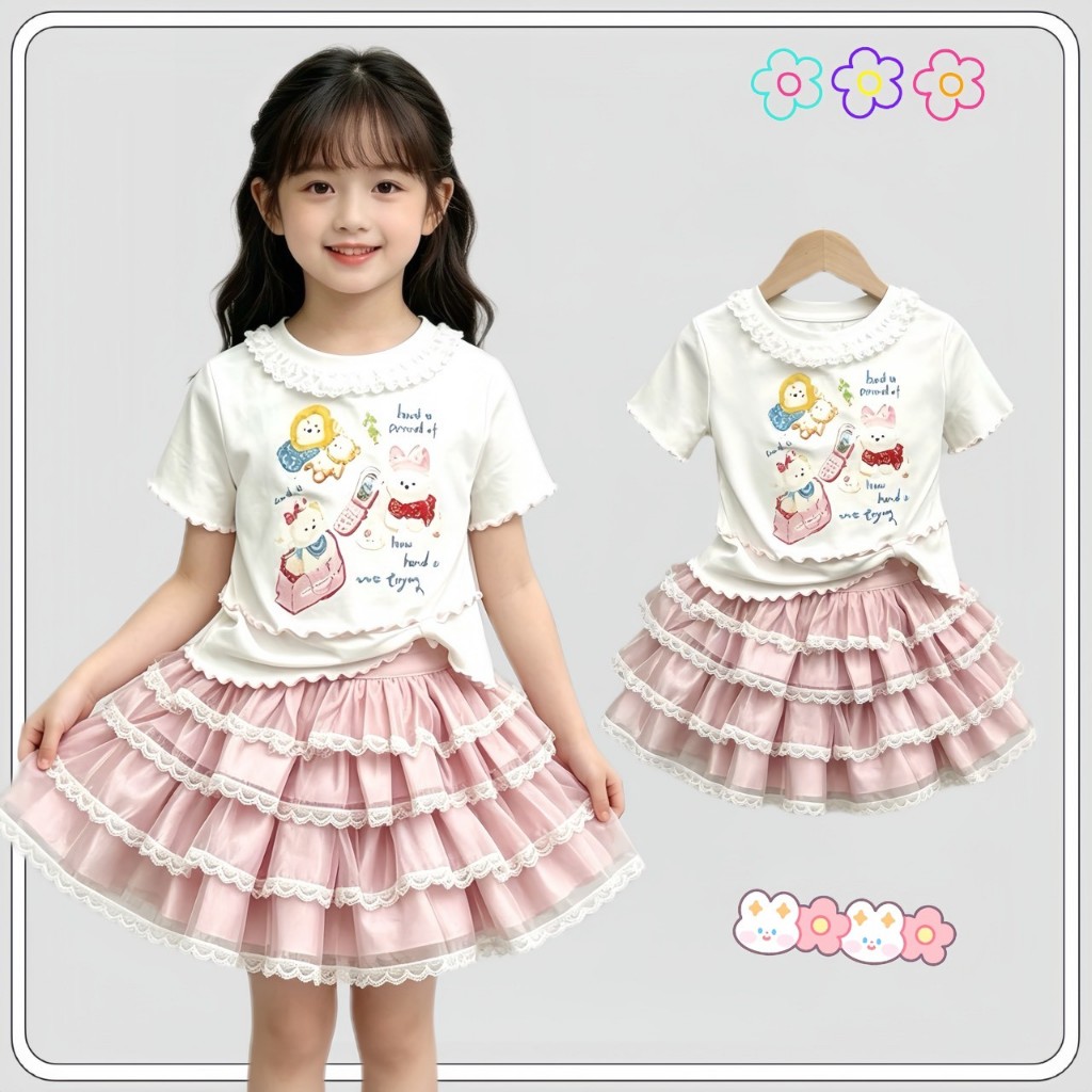 MC282  เซ็ตเสื้อยืดเด็กผู้หญิง + กระโปรงฟูฟ่อง ลูกไม้หวานๆ