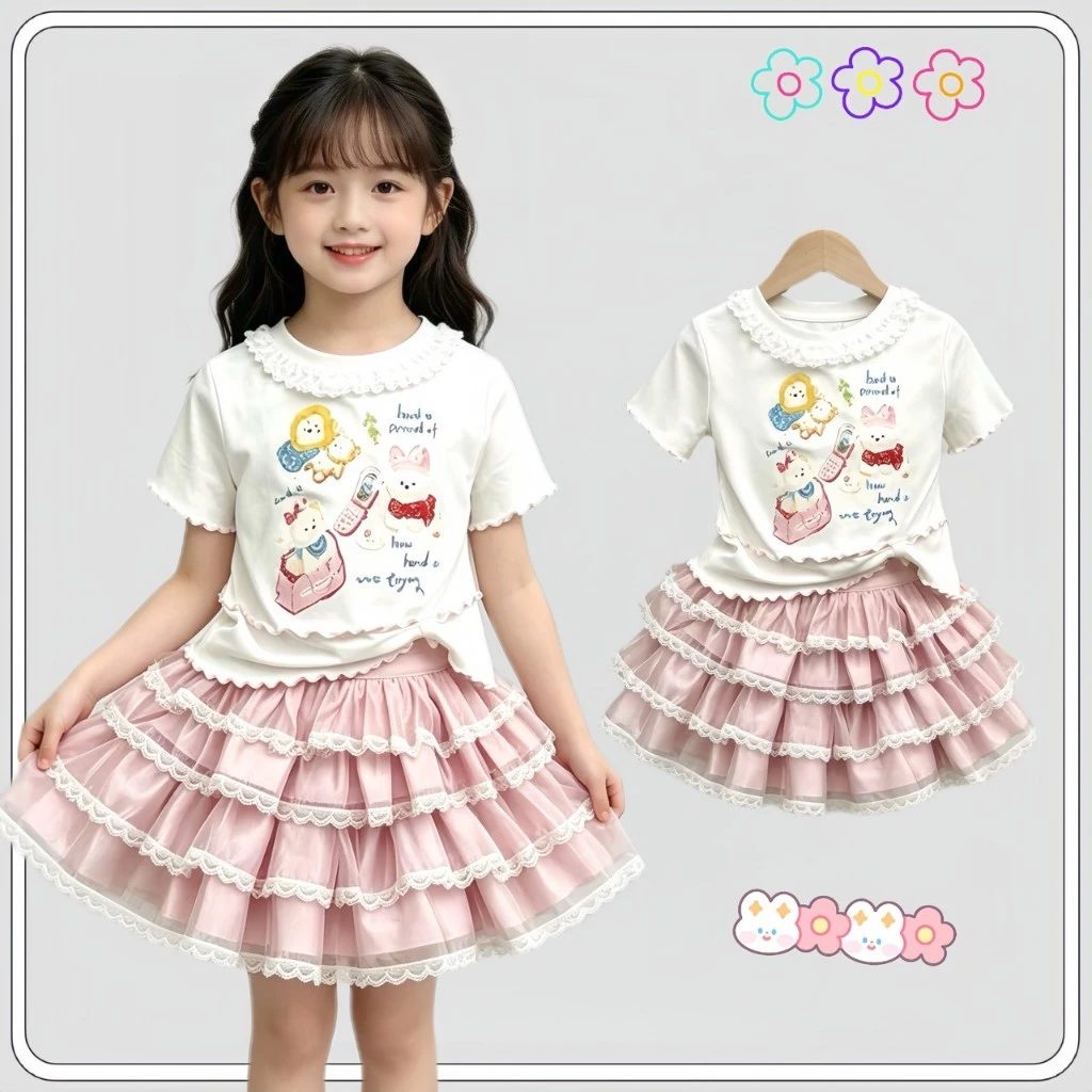 MC282 เซ็ตเสื้อยืดเด็กผู้หญิง + กระโปรงฟูฟ่อง ลูกไม้หวานๆ