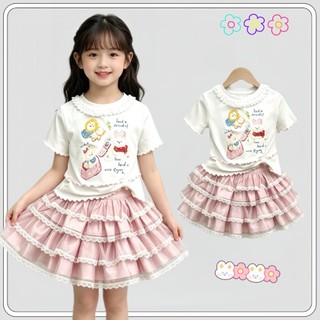 MC282  เซ็ตเสื้อยืดเด็กผู้หญิง + กระโปรงฟูฟ่อง ลูกไม้หวานๆ