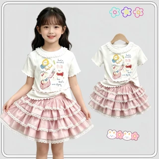 MC282 เซ็ตเสื้อยืดเด็กผู้หญิง + กระโปรงฟูฟ่อง ลูกไม้หวานๆ