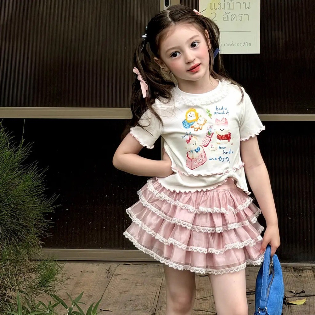 AY282 เซ็ต 2 ชิ้นเด็กผู้หญิง เสื้อแขนสั้น + กระโปรงชมพู