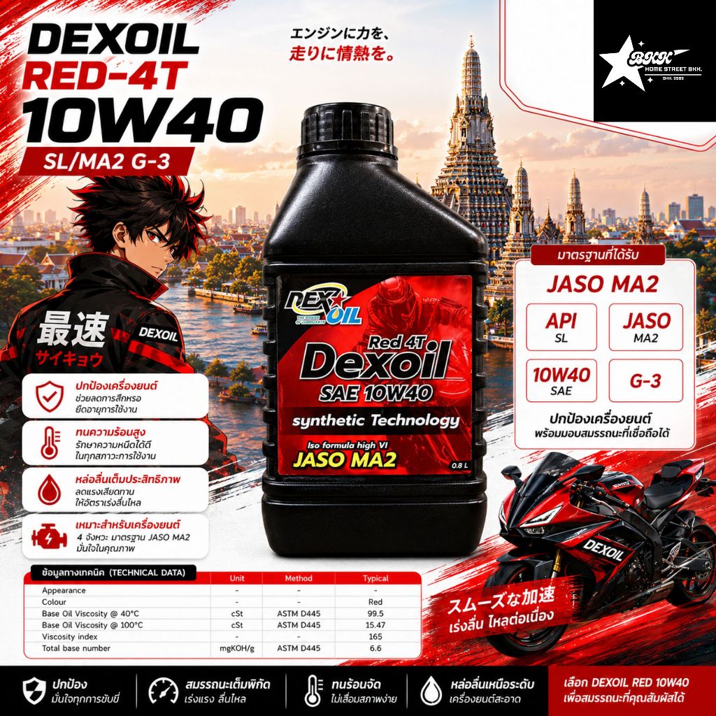 Dexoil Red 4T 10W40 น้ำมันเครื่องเกรดสังเคราะห์ ขนาด 0.8L