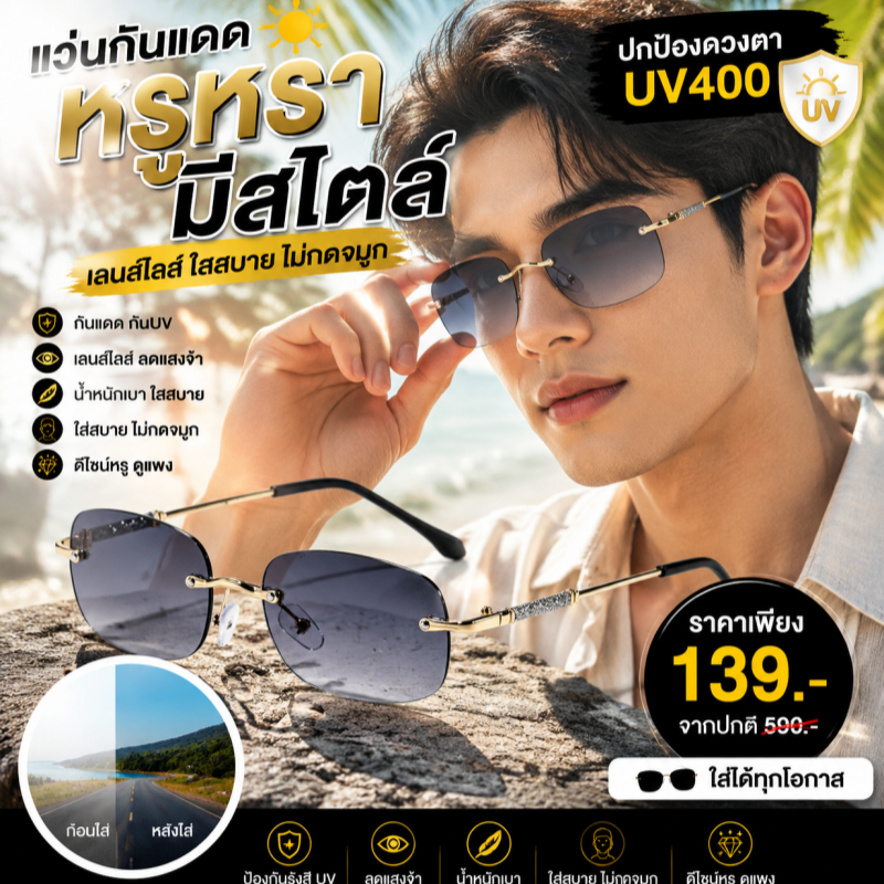 แว่นตากันแดดคุณภาพสูงจากประเทศญี่ปุ่นโลหะไร้กรอบแว่นตากันแดดเดินทางสบาย ๆ แว่นกันแดดชายหาดสากล (แถมฟรีกล่องส่งแว่นตา)