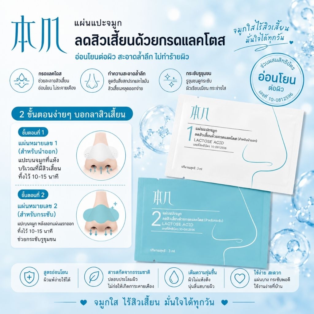 แผ่นแปะจมูกลดสิวเสี้ยนด้วยกรดแลคโตส (10คู่)