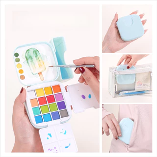 ชุดพาเลทสีน้ําขนาดเล็กสร้างสรรค์ 16 Solid Pigment สีพร้อมแปรงอุปกรณ์ศิลปะแบบพกพา Art นักเรียนวาด