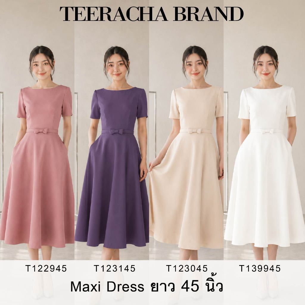 TeerachaBrand TB122845 เดรสคอปาด เข็มขัดโบว์ถอดออกได้ยาว45นิ้ว ชุดเดรสผู้หญิง   มีกระเป๋าข้าง ทรงสุภาพยาวคลุมเข่า
