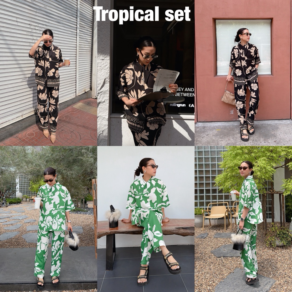 Tropical linen set (เซทลินินปกแหลม) เซทขายาว set oversize setผู้หญิง