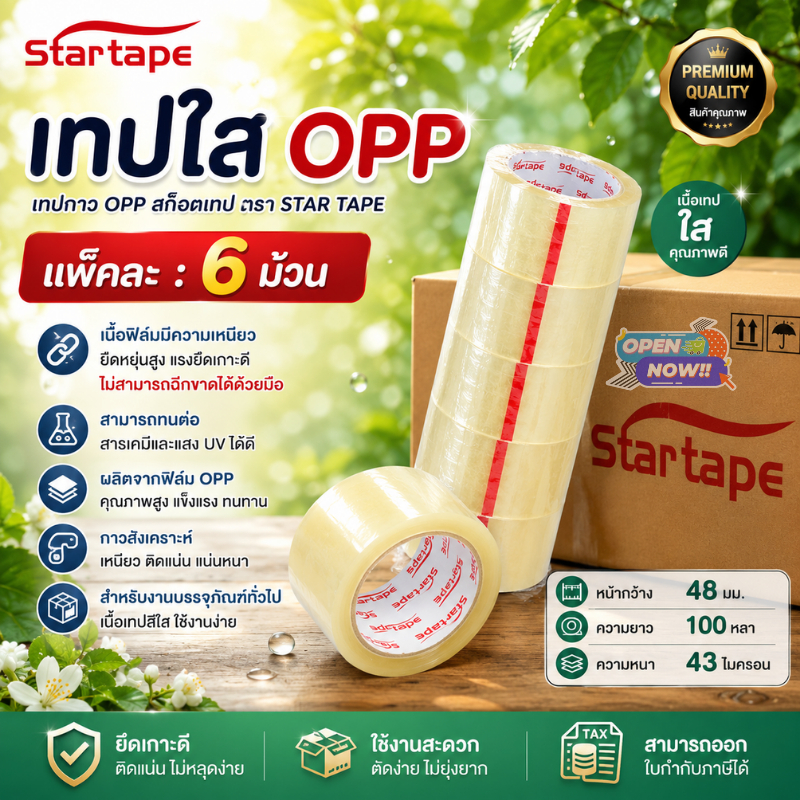 (ส่งด่วน)เทปใส เทปกาว OPP สก็อตเทป ยกแพ็ค (6 ม้วน) ตรา STAR TAPE แบบใส ขนาด 48มม. 100หลา 43 ไมครอน