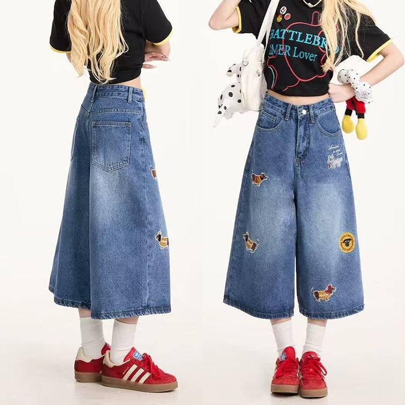 S-10XL กางเกงยีนส์ 7 ส่วน 4 กระเป๋าสไตล์เกาหลี ลายปักสุดน่ารัก ผ้านิ่มใส่สบาย