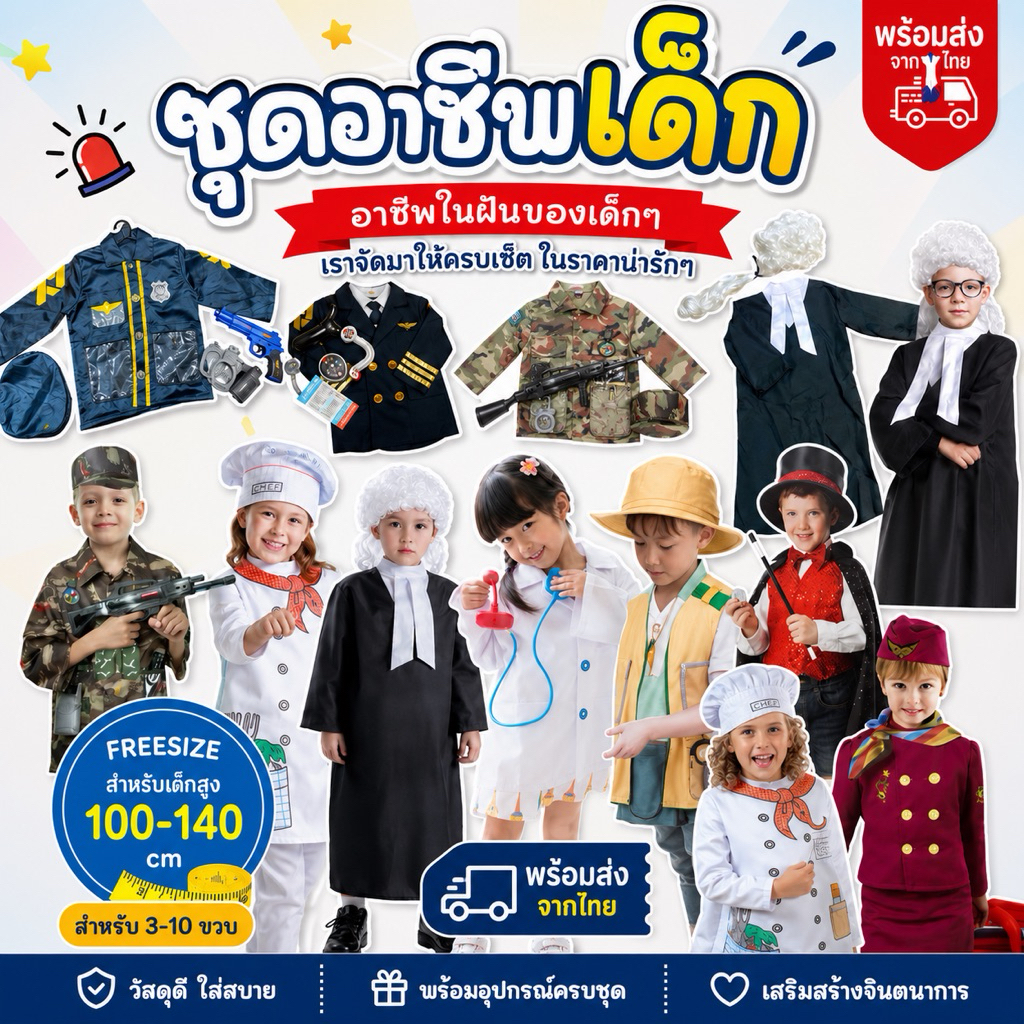 ชุดอาชีพเด็ก อาชีพในฝัน ชุดหมอ นักดับเพลิง ตำรวจ นักบิน ช่างวิศวกร นักสำรวจ ชุดครุย ทนายความ ผู้พิพากษา FREESIZE 100-140