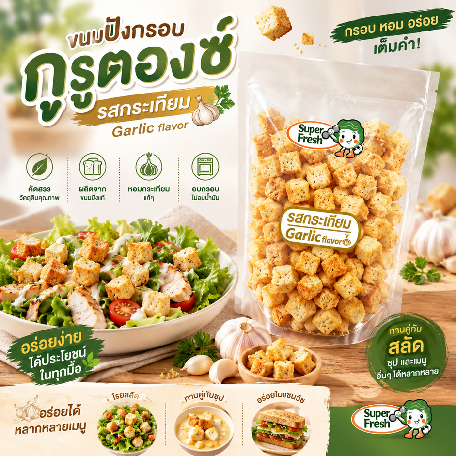 กรูตอง ขนมปังอบกรอบ รสกระเทียม  75 กรัม Garlic Flavor Croutons 75g