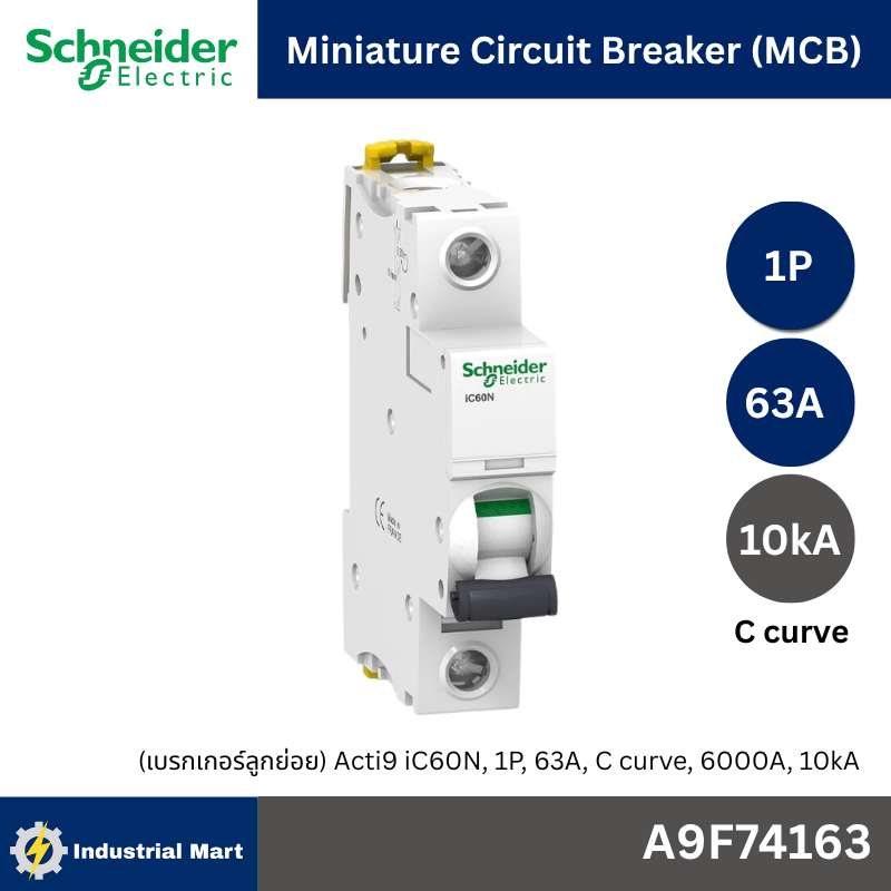Schneider A9F74163 MCBActi9 iC60N C-Curve,400VAC,1P 63A 10kA