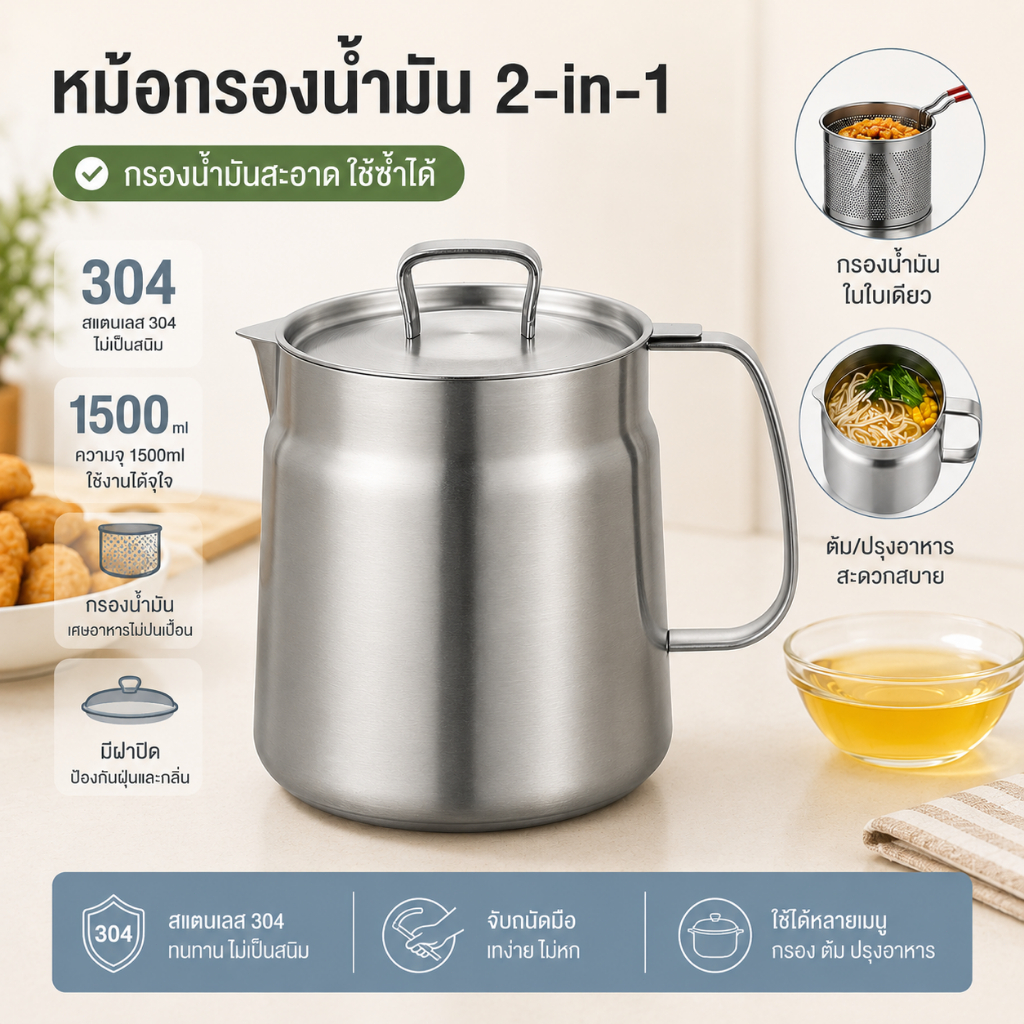 หม้อกรองน้ำมัน สเตนเลส 304 (2L) กรองละเอียดไม่เป็นสนิม สำหรับเก็บน้ำมันทอดไว้ใช้ซ้ำ