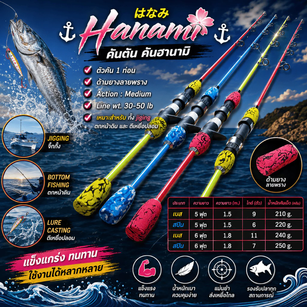 [ ของแท้ ] คันเบ็ดตกปลา คันตัน คันฮานามิ Hanami 1 ท่อน Line wt.30-50 lb เหมาะสำหรับ jiging ตกหน้าดิน ตีเหยื่อปลอม