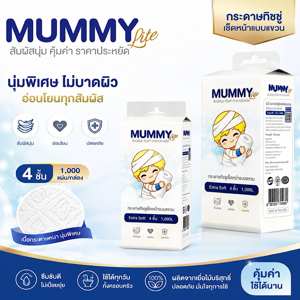 [5/10ห่อ] กระดาษทิชชู่แบบแขวน Mummy lite หนาพิเศษ4ชั้น 1000 200กรัม