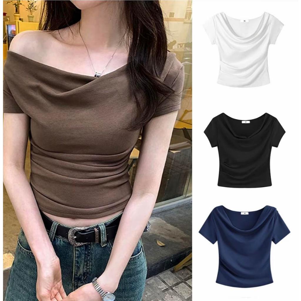 VISUKING เสื้อยืดแขนสั้น เสื้อเปิดไหล่ 5สี4ไซส์ เสื้อครอปสำหลัผู้หญิง ปาดไหล่ สไตล์เกาหลี แฟชั่นใหม่
