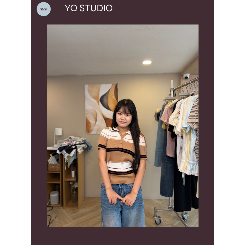 C54 YQ Korean Shop Mocha Muse เสื้อโปโลริ้ว 3 โทน ป้ายYQ