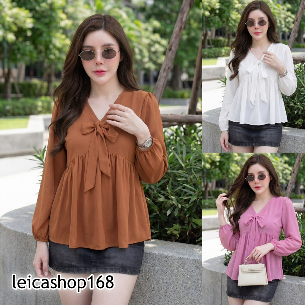 สินค้าพร้อมส่ง เสื้อแฟชั่น ผ้าชีฟอง คอวี แขนยาว ผ่าหน้า  พร้อมสายผูกโบว์หน้า แต่งระบาย สม๊อคหลัง ใส่แมท LG260