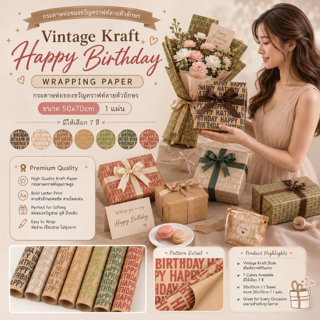 【1 แผ่น】* Vintage Kraft Happy Birthday Wrapping Paper กระดาษห่อของขวัญคราฟท์ลายตัวอักษร HAPPY BIRTHDAY [GW-0022]