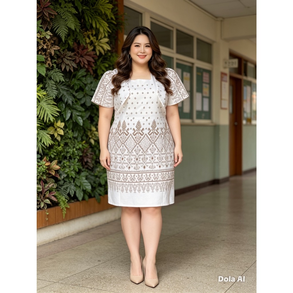 ((เดรสอัดกาว)) อก 46 ถึง 60 นิ้ว ชุดผ้าไทยไซส์ใหญ่ (T) ผ้าไทยสีขาว