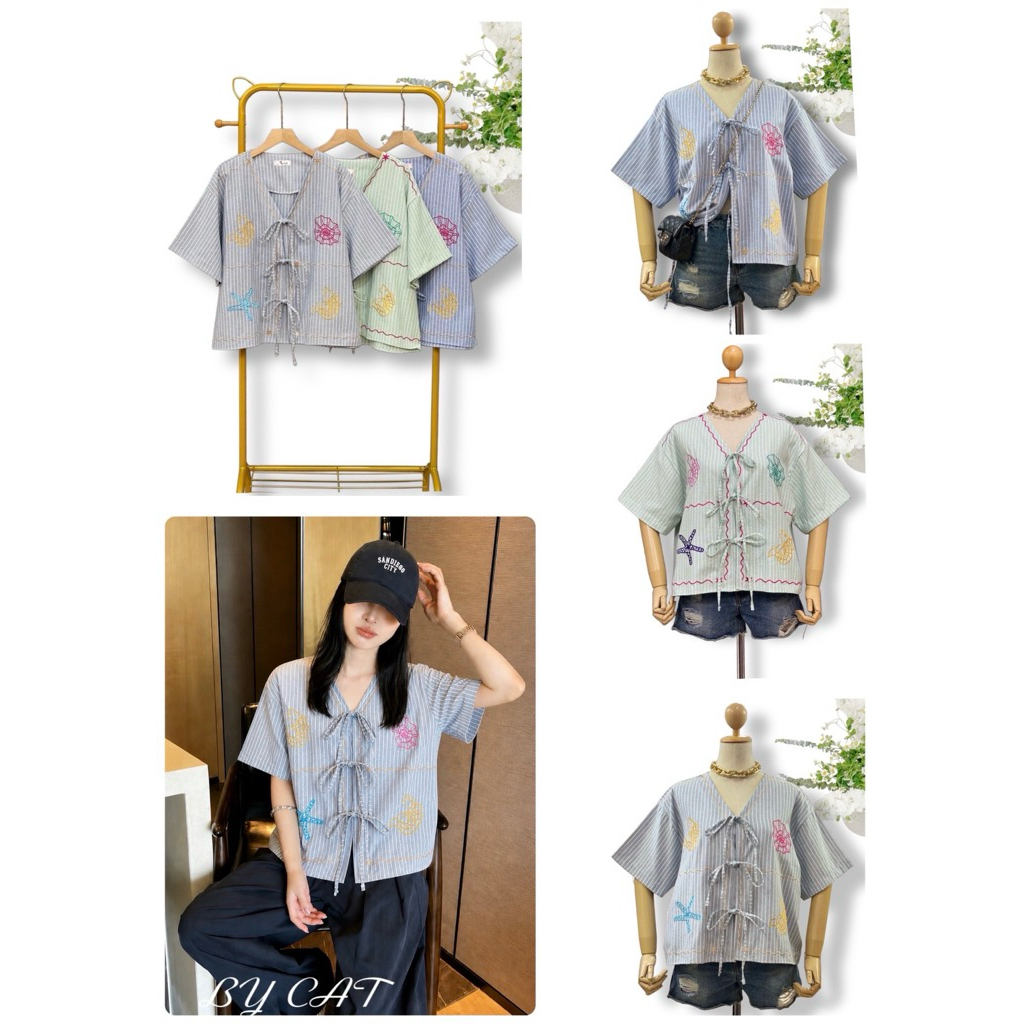 เสื้อแขนสั้นดีเทลปักลายเปลือกหอยBigsize อก52นิ้ว
