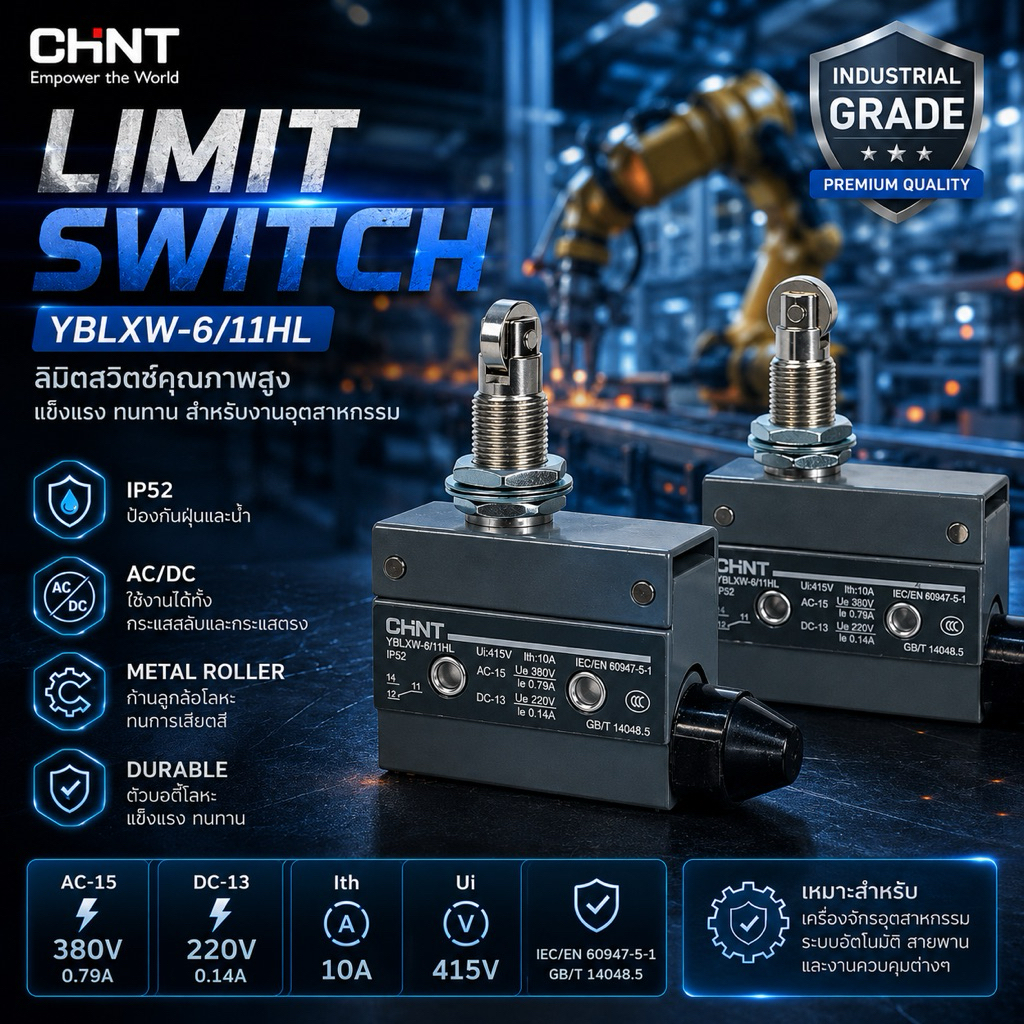 ลิมิตสวิตช์ CHINT YBLXW-6/11HL/6/11ZLลูกล้อโลหะ IP52 Limit Switch สำหรับเครื่องจักร
