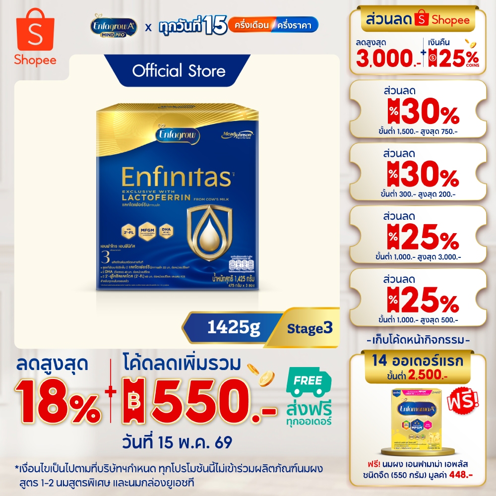 นมผง เอนฟาโกร เอนฟินิทัส สูตร3 (1425 กรัม) Enfagrow Enfinitas Stage3 (1425 g)